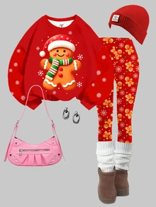 Tween Girls Casual Minimalist Cute Adorable Christmas Gingerbread Man Pattern, Cute Polka Dot Snowflake, Round Neck Sweatshirt Elastic Waist Long Pants Set Suitable For Autumn/Winter Fleece Lining, Fall Style, Fall Outfits, Fall Sets, Christmas Set - Multicolor - View 3