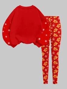 Tween Girls Casual Minimalist Cute Adorable Christmas Gingerbread Man Pattern, Cute Polka Dot Snowflake, Round Neck Sweatshirt Elastic Waist Long Pants Set Suitable For Autumn/Winter Fleece Lining, Fall Style, Fall Outfits, Fall Sets, Christmas Set - Multicolor - View 4