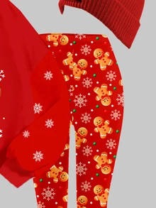 Tween Girls Casual Minimalist Cute Adorable Christmas Gingerbread Man Pattern, Cute Polka Dot Snowflake, Round Neck Sweatshirt Elastic Waist Long Pants Set Suitable For Autumn/Winter Fleece Lining, Fall Style, Fall Outfits, Fall Sets, Christmas Set - Multicolor - View 6