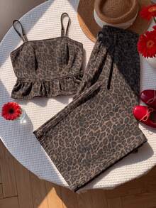 Muchica Women's Leopard Print Camisole Top With Ruffle Hem And Long Pants Casual Denim Set - Multicolor - View 2