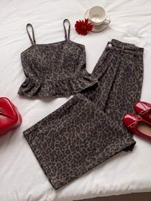 Muchica Women's Leopard Print Camisole Top With Ruffle Hem And Long Pants Casual Denim Set - Multicolor - View 3