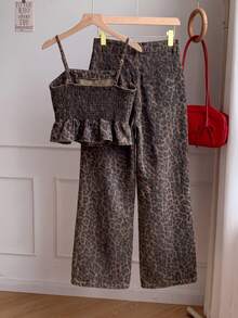 Muchica Women's Leopard Print Camisole Top With Ruffle Hem And Long Pants Casual Denim Set - Multicolor - View 9