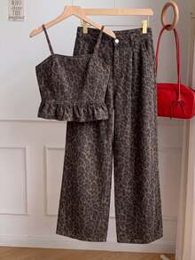Muchica Women's Leopard Print Camisole Top With Ruffle Hem And Long Pants Casual Denim Set - Multicolor - View 6