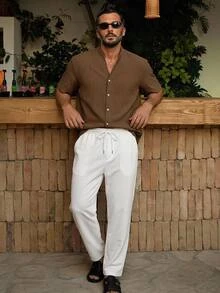 AKNOTIC 2pcs/Set Men's Casual Tropical Modest Woven Stand Collar Small V-Neck Short Sleeve Shirt Set Halloween Summer Party Vacation Brown White - Multicolor - View 2
