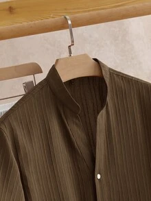 AKNOTIC 2pcs/Set Men's Casual Tropical Modest Woven Stand Collar Small V-Neck Short Sleeve Shirt Set Halloween Summer Party Vacation Brown White - Multicolor - View 7