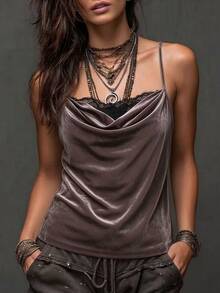 LanaWest Women's Autumn/Winter Velvet Contrast Color Lace Cowl Neck Spaghetti Strap Camisole - Brown - View 1