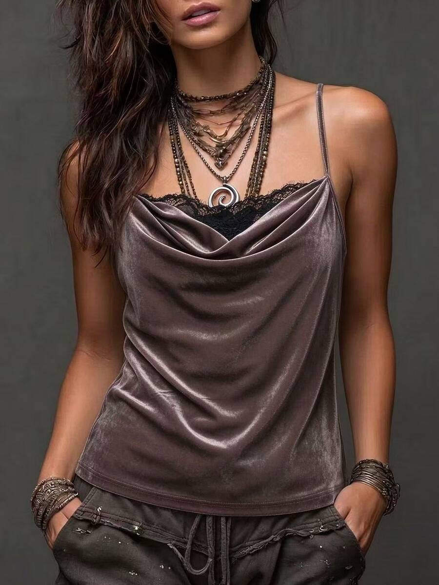 LanaWest Women's Autumn/Winter Velvet Contrast Color Lace Cowl Neck Spaghetti Strap Camisole - Brown - View 1