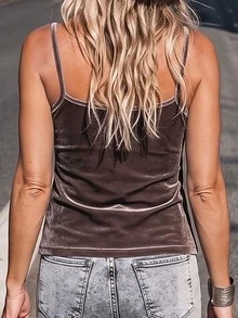 LanaWest Women's Autumn/Winter Velvet Contrast Color Lace Cowl Neck Spaghetti Strap Camisole - Brown - View 2