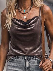 LanaWest Women's Autumn/Winter Velvet Contrast Color Lace Cowl Neck Spaghetti Strap Camisole - Brown - View 4