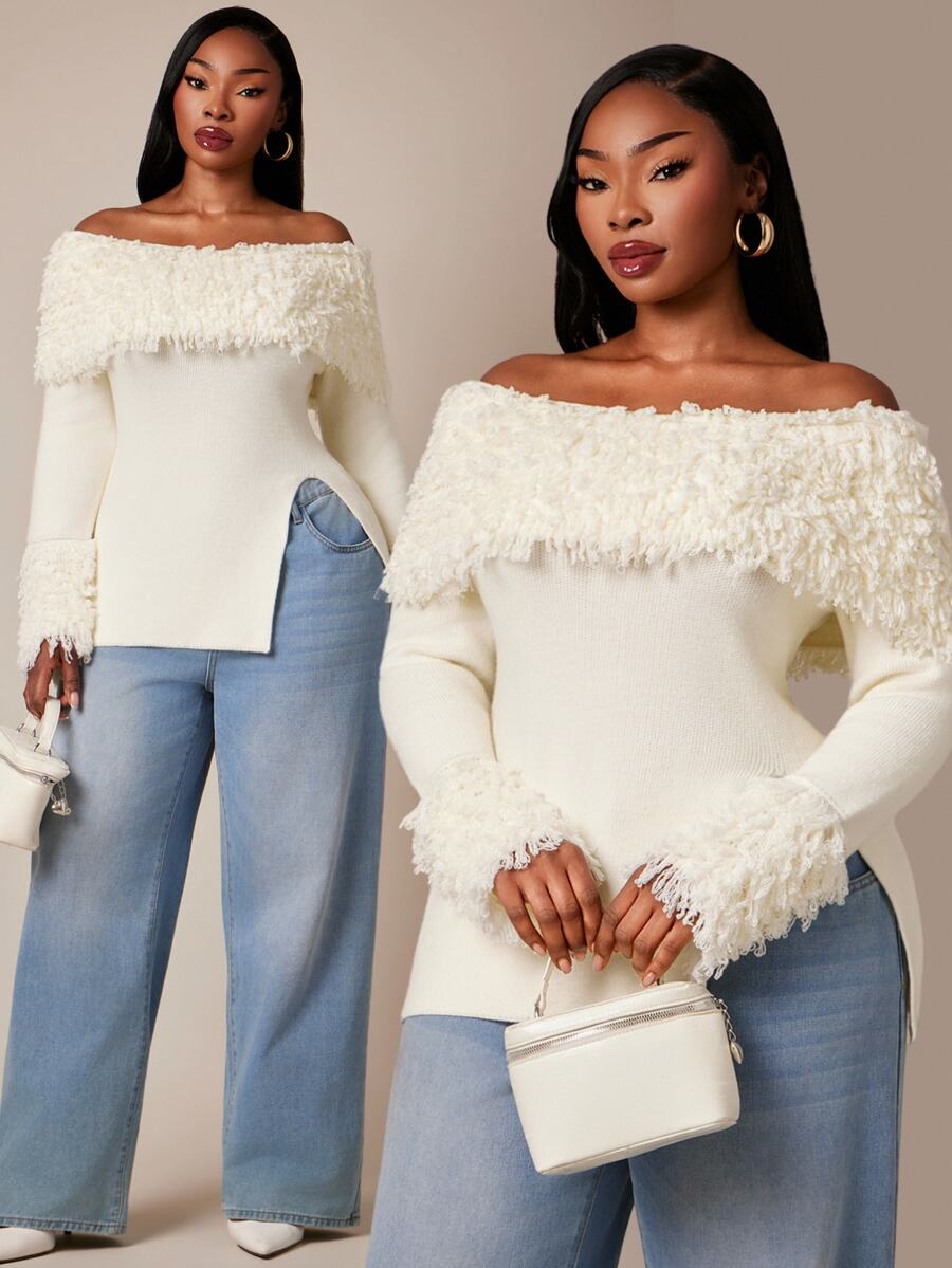 Radiana Curve Plus Size Women's Solid Color Cold Shoulder Long Sleeve Side Slit Hem Fashion Pullover Sweater Fall Formal Party Date Night White Casual Elegant - White - View 1