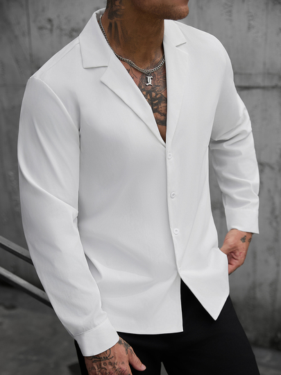Manfinity CasualCool Men's Solid Color Long Sleeve Shirt, Classic Large Collar Design, Suitable For Formal Or Casual Occasions, Vacation, Gatherings, Simple Office Wear, Casual Home Wear, Versatile Style, Perfect Gift For Boyfriend Or Husband