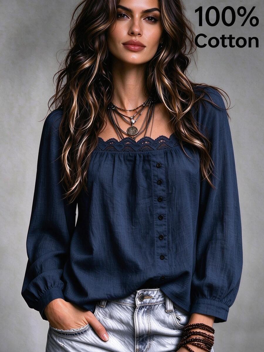 SHEIN Women's All Cotton Lace Collar Button-Down Long Sleeve Shirt - Navy Blue - View 1