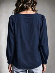 SHEIN Women's All Cotton Lace Collar Button-Down Long Sleeve Shirt - Navy Blue - View 2