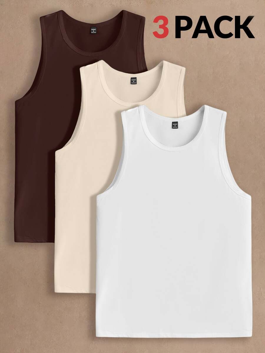 AKNOTIC 3pcs/Pack Men's Casual Solid Color Knit Sleeveless Tank Top, Suitable For Daily Wear, Vacation, Father's Day Gifts, Football - Multicolor - View 1
