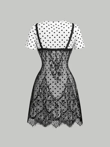 SHEIN MOD 灰色蕾絲 2 合 1 短洋裝，優雅浪漫女款波點 T-shirt 蕾絲上身疊層迷你洋裝，修身顯身材，奢華約會派對夏季穿搭 - 黑與白 - 查看 2