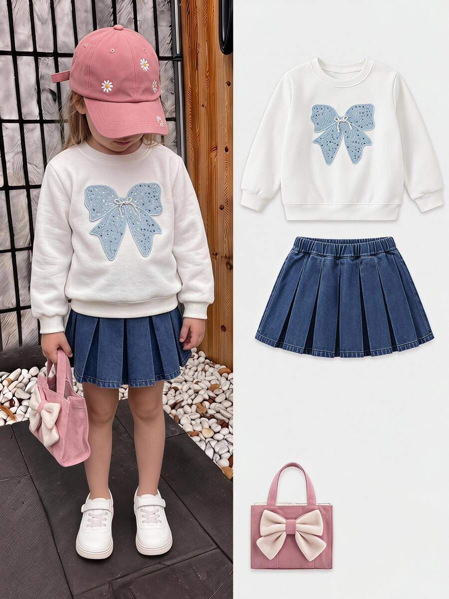 SHEIN Young Girl Round Neck Long Sleeve Sweatshirt With Bow Decoration, Sweet And Fashionable, Paired With Denim Pleated Skirt, Suitable For Autumn, Fashionable Perfect For Daily Wear, Home, Outings And Gatherings - White - View 1
