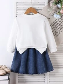 SHEIN Young Girl Round Neck Long Sleeve Sweatshirt With Bow Decoration, Sweet And Fashionable, Paired With Denim Pleated Skirt, Suitable For Autumn, Fashionable Perfect For Daily Wear, Home, Outings And Gatherings - White - View 2