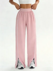 Dewbera Dewbera Women's Loose Fit Straight Leg Sweatpants With Pockets,Contrast Stripe High Waist Elastic Drawstring Wide Leg Pants For Casual,Yoga,Gym & Sports - Pink - View 6