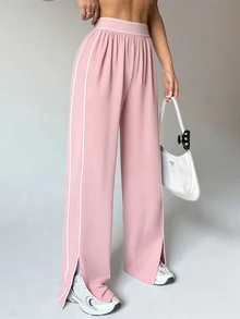 Dewbera Dewbera Women's Loose Fit Straight Leg Sweatpants With Pockets,Contrast Stripe High Waist Elastic Drawstring Wide Leg Pants For Casual,Yoga,Gym & Sports - Pink - View 2