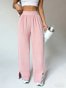 Dewbera Dewbera Women's Loose Fit Straight Leg Sweatpants With Pockets,Contrast Stripe High Waist Elastic Drawstring Wide Leg Pants For Casual,Yoga,Gym & Sports - Pink - View 3