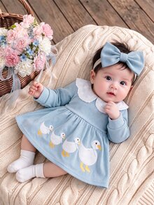 SHEIN 2件組女嬰甜美淺藍色羅紋鴨子蕾絲蝴蝶結長袖彼得潘領 A字裙生日派對秋季假期女童洋裝 - 藍色 - 查看 1