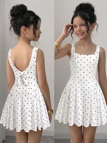 Firerie Kids Firerie Kids Tween Girls Casual Everyday Comfortable Polka Dot Pattern Dress - Black and White - View 1