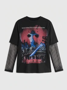 Friday the 13th X ROMWE IP Collab Friday The 13th 圖案印花網布拼接萬聖節大尺碼女款寬鬆版型T恤 - 黑色 - 查看 4