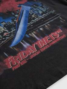 Friday the 13th X ROMWE IP Collab Friday The 13th 圖案印花網布拼接萬聖節大尺碼女款寬鬆版型T恤 - 黑色 - 查看 6