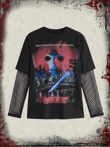 Friday the 13th X ROMWE IP Collab Friday The 13th 圖案印花網布拼接萬聖節大尺碼女款寬鬆版型T恤 - 黑色 - 查看 1