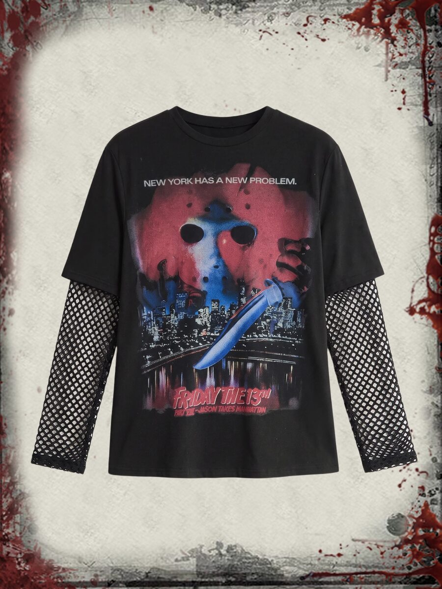 Friday the 13th X ROMWE IP Collab Friday The 13th 圖案印花網布拼接萬聖節大尺碼女款寬鬆版型T恤 - 黑色 - 查看 1