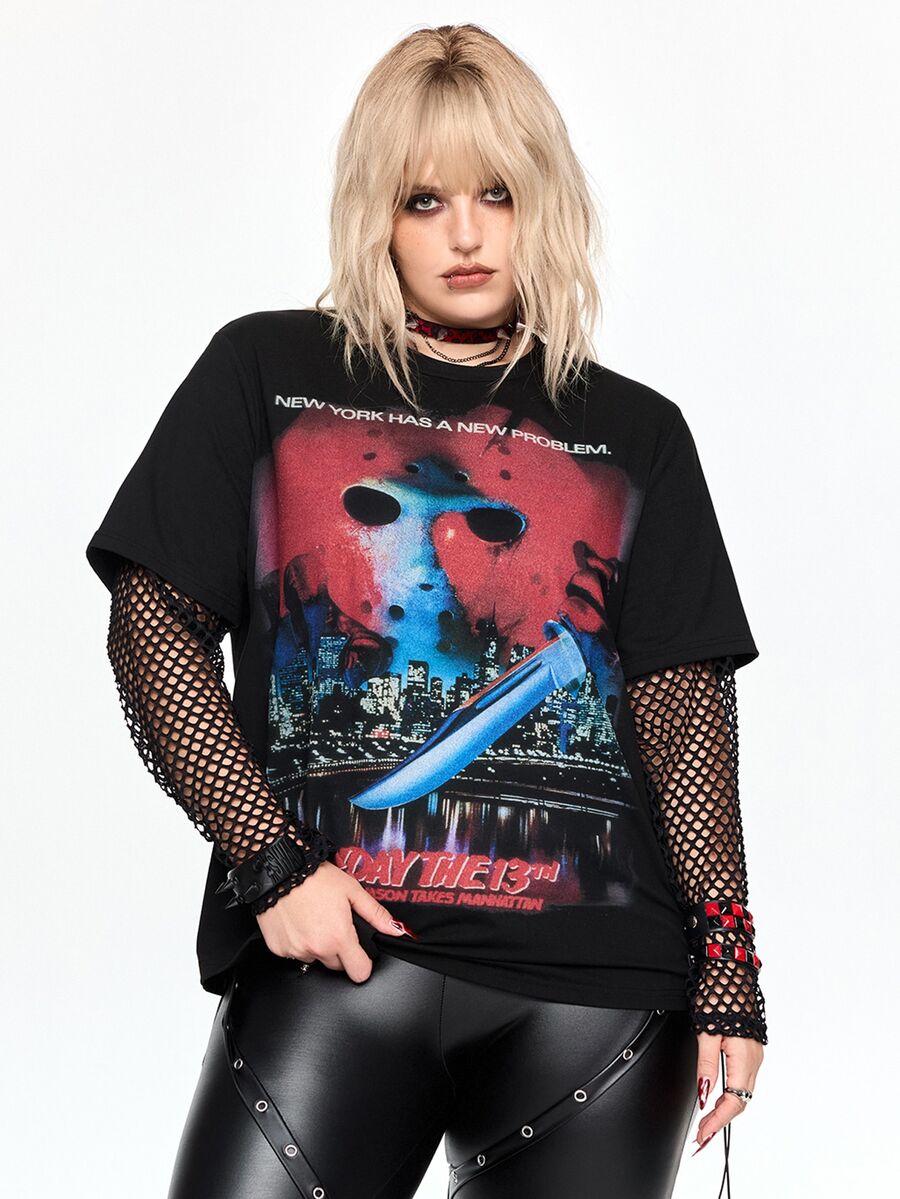 Friday the 13th X ROMWE IP Collab Friday The 13th Graphic Print Mesh Patchwork Halloween Plus Size Women Loose Fit T-Shirt - Black - View 1