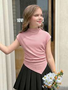 Firerie Kids Firerie Kids Tween Girl Dusty Pink Summer Casual School Short Sleeve Top,Textured Knit Fitted Funnel Neck Ruched Asymmetric Hem Tee,Back To School Mommy And Me - Pink - View 3