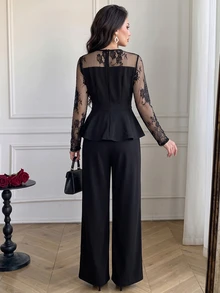 Celisse Winter Clothes Women's Autumn Black Lace Patchwork Pants Set - Black - View 2