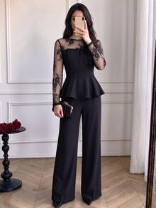 Celisse Winter Clothes Women's Autumn Black Lace Patchwork Pants Set - Black - View 4