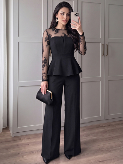 Celisse Winter Clothes Women's Autumn Black Lace Patchwork Pants Set