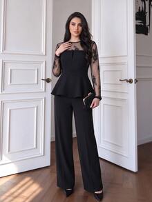 Celisse Winter Clothes Women's Autumn Black Lace Patchwork Pants Set - Black - View 3
