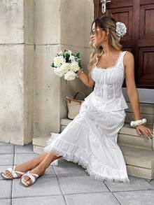 Pariaura Embroidered Solid Color Lace Patchwork Square Neck Tie-Up Tank Top - White - View 6