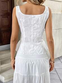 Pariaura Embroidered Solid Color Lace Patchwork Square Neck Tie-Up Tank Top - White - View 2