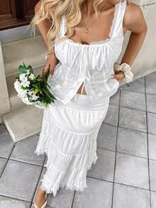 Pariaura Embroidered Solid Color Lace Patchwork Square Neck Tie-Up Tank Top - White - View 5