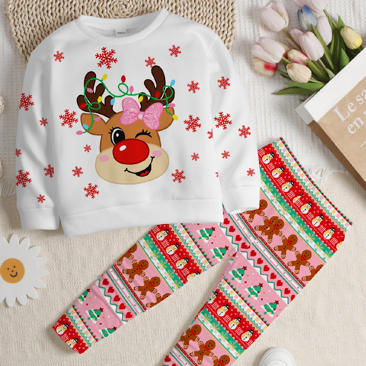 Merry Christmas, Young Girl Casual Cute Adorable Christmas Reindeer Pattern, Fair Isle, Festive Christmas Style Crew Neck Fleece Lined Long Sleeve Sweatshirt & Leggings 2 Pieces Set Suitable For Autumn/Winter Christmas Sets, Fall Style, Cute