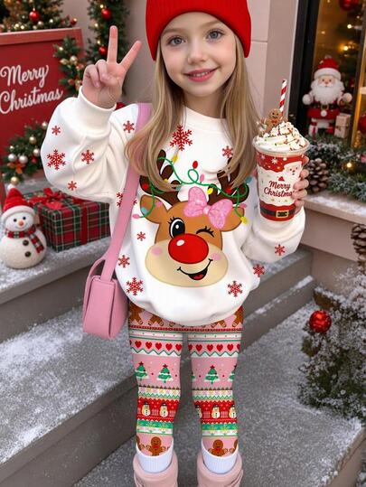 Merry Christmas, Young Girl Casual Cute Adorable Christmas Reindeer Pattern, Fair Isle, Festive Christmas Style Crew Neck Fleece Lined Long Sleeve Sweatshirt & Leggings 2 Pieces Set Suitable For Autumn/Winter Christmas Sets, Fall Style, Cute