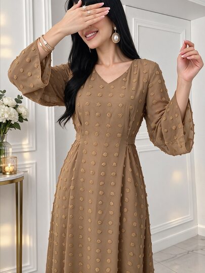 Yasmyna Rochie lungă tip abaya pentru femei, cu decolteu în V, mâneci largi, textură cu puncte elvețiene, modestă, uni, cu mânecă lungă, pentru toamnă-iarnă, pentru zi de zi și petreceri