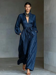 SHEIN Women's Solid Color Waist Knot Casual Elegant Mature Daily Wear Wide Leg Jumpsuit Dinner Brunch Navy Blue - Navy Blue - View 5