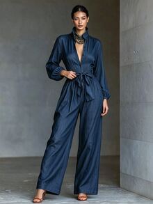 SHEIN Women's Solid Color Waist Knot Casual Elegant Mature Daily Wear Wide Leg Jumpsuit Dinner Brunch Navy Blue - Navy Blue - View 6