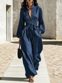 SHEIN Women's Solid Color Waist Knot Casual Elegant Mature Daily Wear Wide Leg Jumpsuit Dinner Brunch Navy Blue - Navy Blue - View 7