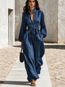 SHEIN Women's Solid Color Waist Knot Casual Elegant Mature Daily Wear Wide Leg Jumpsuit Dinner Brunch Navy Blue - Navy Blue - View 1