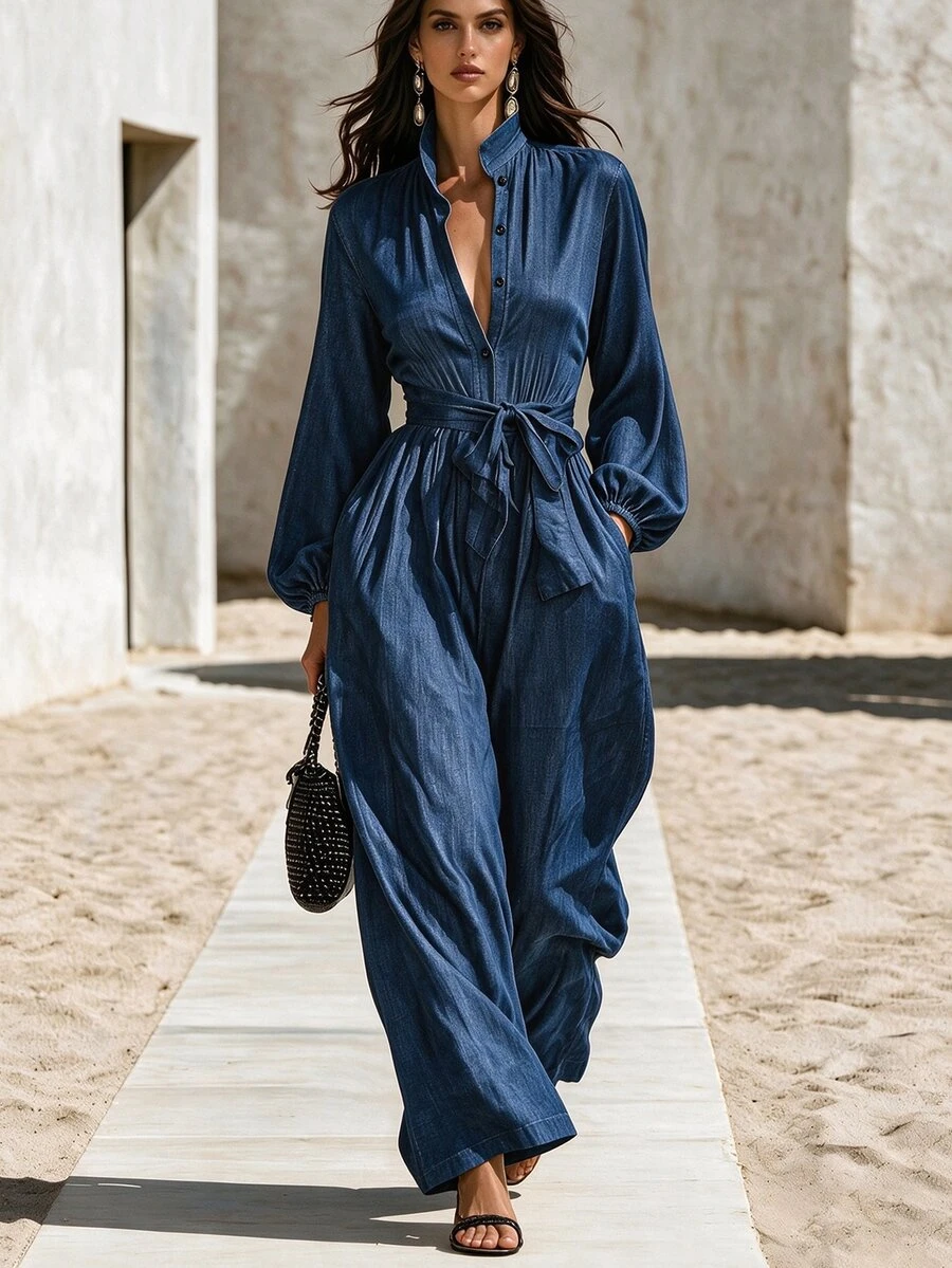 SHEIN Women's Solid Color Waist Knot Casual Elegant Mature Daily Wear Wide Leg Jumpsuit Dinner Brunch Navy Blue - Navy Blue - View 1