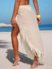 SHEIN Swim Women's Solid Color Tassel Design Slit Casual Vacation Cover-Up Skirt - Apricot - View 3