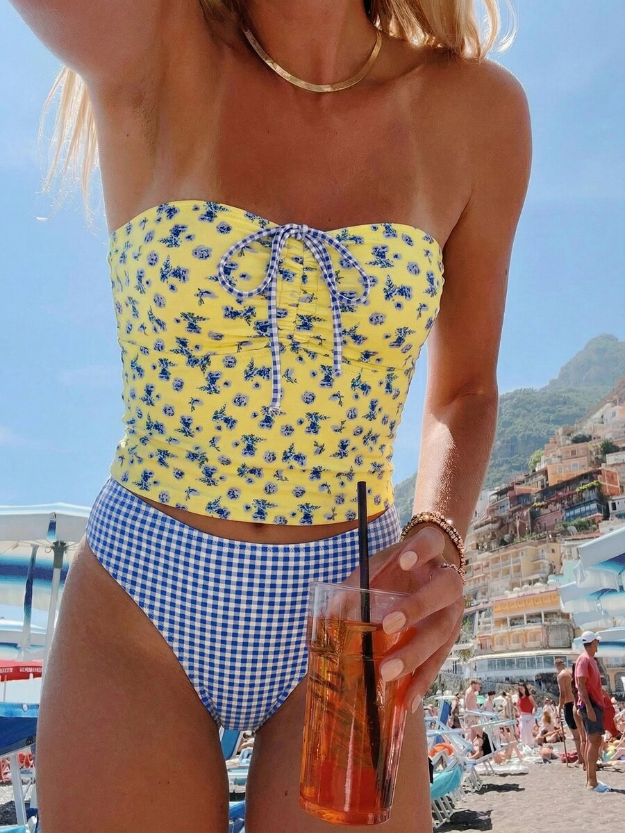 Swim Vcay 2pcs/Set Yellow Summer Boho Holiday Pool Party New Floral Bikini Set,Sweet Cherry Plaid Bottom Swimwear,Holiday Flower Hibiscus Bathing Suit - Light Yellow - View 1