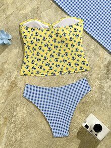 Swim Vcay 2pcs/Set Yellow Summer Boho Holiday Pool Party New Floral Bikini Set,Sweet Cherry Plaid Bottom Swimwear,Holiday Flower Hibiscus Bathing Suit - Light Yellow - View 2